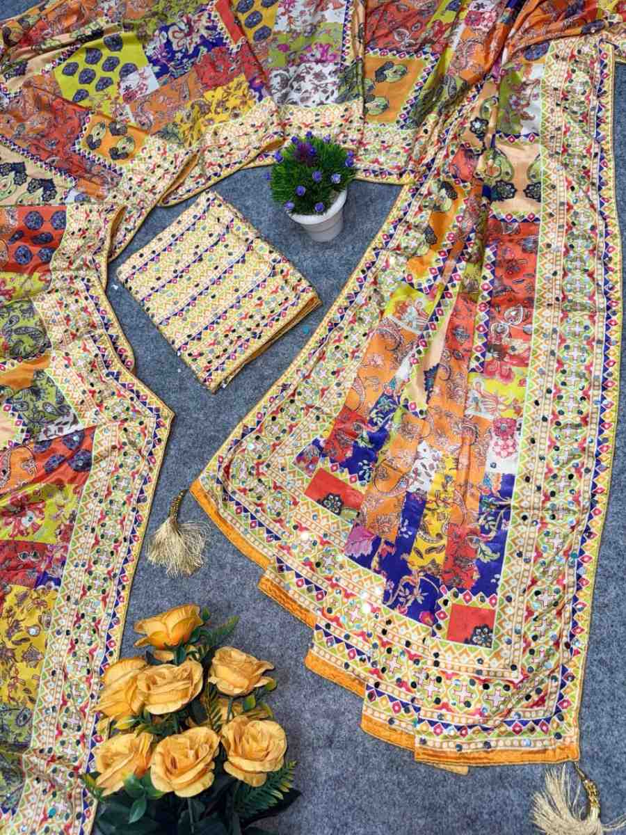 RICH LOOK CHINON SILK MIRROR HANDWORK, PIPING BORDER WITH TASSELS WORK SAREE WITH UNSTITCHED BLOUSE PARTY WEAR WHOLESALE PRICE ETHNIC GARMENT (1)