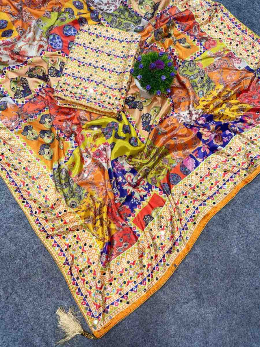 RICH LOOK CHINON SILK MIRROR HANDWORK, PIPING BORDER WITH TASSELS WORK SAREE WITH UNSTITCHED BLOUSE PARTY WEAR WHOLESALE PRICE ETHNIC GARMENT (14)