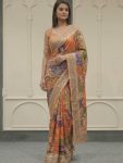 CHINON DIGITAL PRINT WITH MIRROR HANDWORK  SAREE WITH UNSTITCHED BLOUSE MULTI