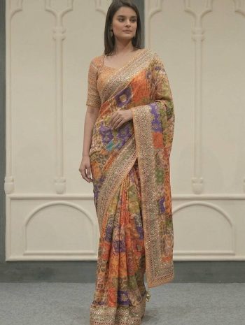 CHINON DIGITAL PRINT WITH MIRROR HANDWORK SAREE WITH UNSTITCHED BLOUSE MULTI