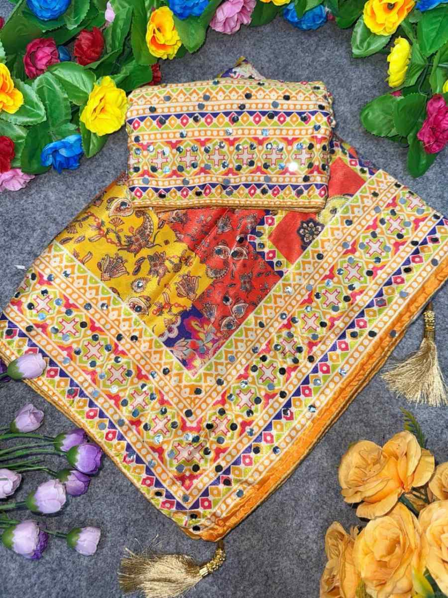 RICH LOOK CHINON SILK MIRROR HANDWORK, PIPING BORDER WITH TASSELS WORK SAREE WITH UNSTITCHED BLOUSE PARTY WEAR WHOLESALE PRICE ETHNIC GARMENT (8)