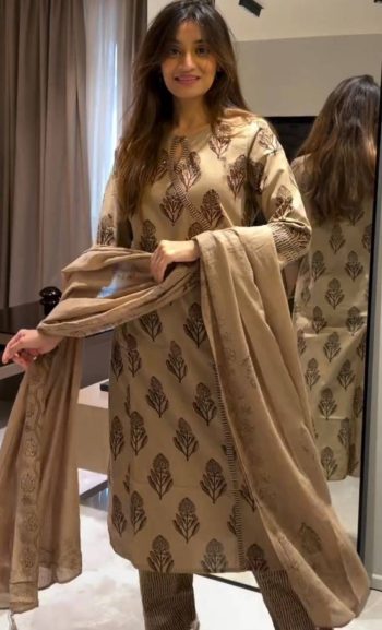 RICH LOOK COTTON PRINT WORK TOP BOTTOM WITH DUPATTA CREAM