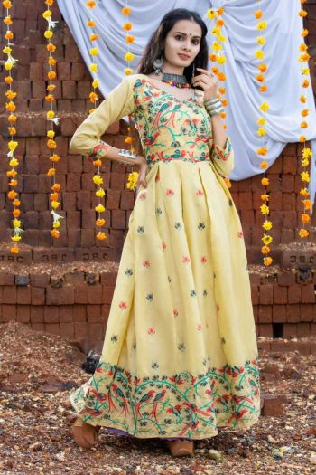 RICH LOOK COTTON WEAVING WORK GOWN LIGHT YELLOW