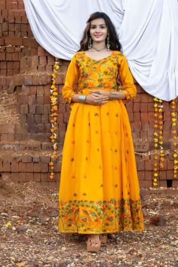 RICH LOOK COTTON WEAVING WORK GOWN YELLOW