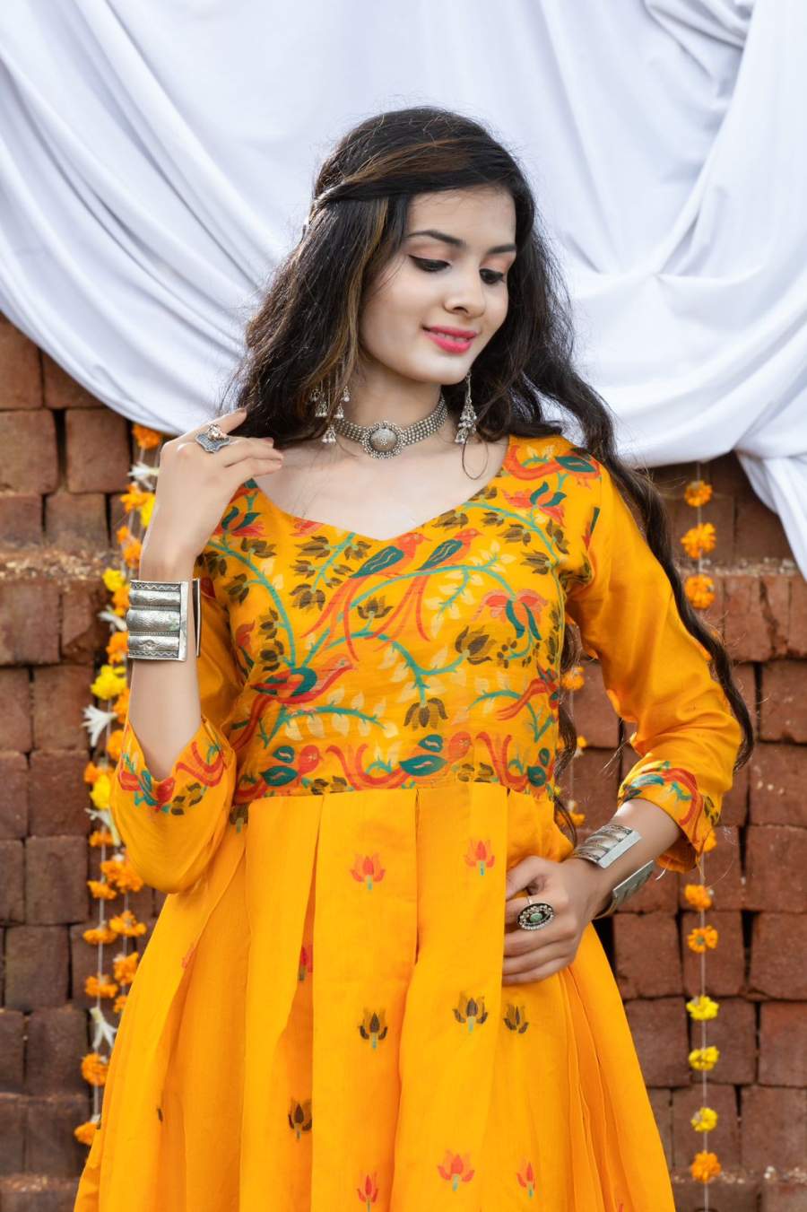 RICH LOOK COTTON WEAVING WORK GOWN FESTIVE WEAR WHOLESALE PRICE ETHNIC GARMENT (7)