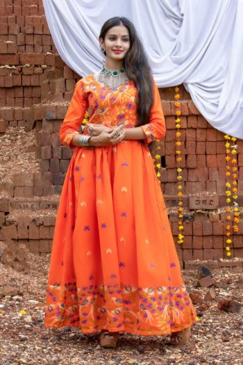 RICH LOOK COTTON WEAVING WORK GOWN ORANGE
