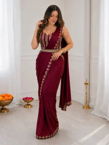 RICH LOOK CREPE SILK EMBROIDERY WITH GOLDEN FOIL LACE WORK READY TO WEAR SAREE WITH STITCHED BLOUSE AND WAIST BELT MAROON