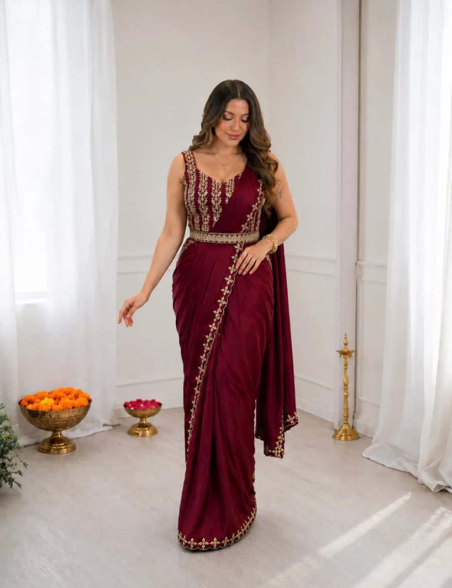 RICH LOOK CREPE SILK EMBROIDERY WITH GOLDEN FOIL LACE WORK READY TO WEAR SAREE WITH STITCHED BLOUSE AND WAIST BELT PARTY WEAR WHOLESALE PRICE ETHNIC GARMENT (3)