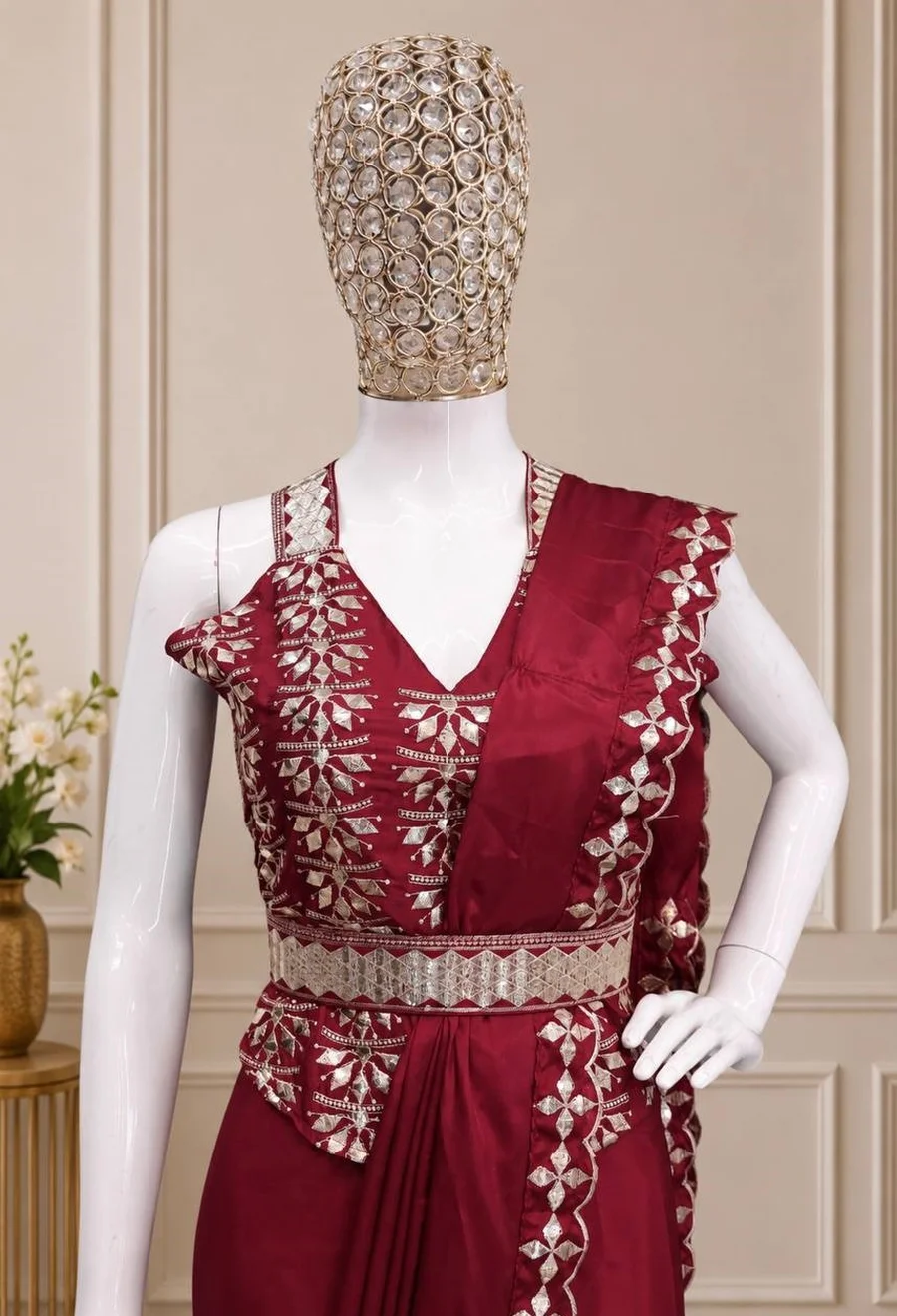 RICH LOOK CREPE SILK EMBROIDERY WITH GOLDEN FOIL LACE WORK READY TO WEAR SAREE WITH STITCHED BLOUSE AND WAIST BELT PARTY WEAR WHOLESALE PRICE ETHNIC GARMENT (4)