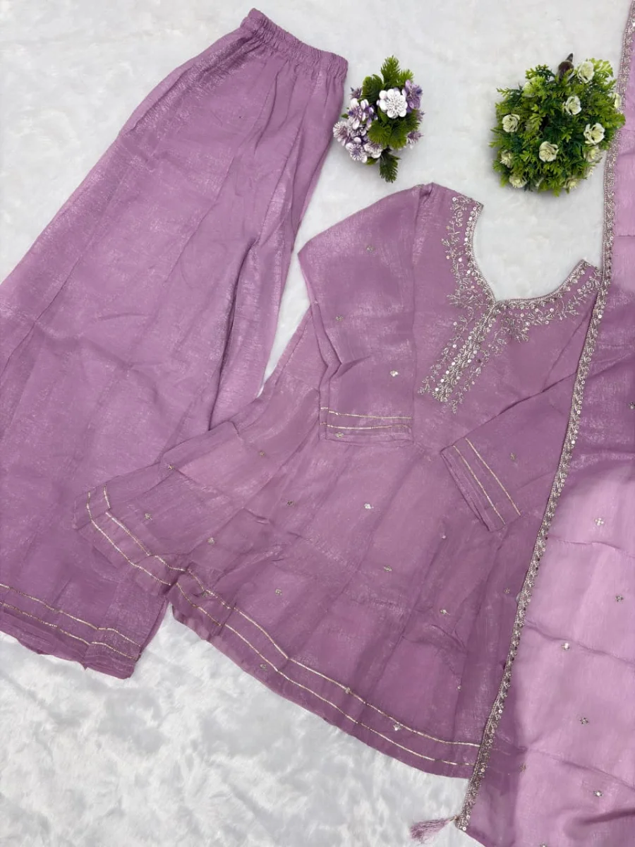 RICH LOOK CRUNCHY SILK EMBROIDERY SEQUENCE WORK TOP PALAZZO WITH DUPATTA FESTIVE WEAR WHOLESALE PRICE ETHNIC GARMENT (10)
