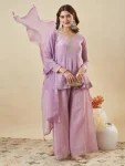 RICH LOOK CRUNCHY SILK EMBROIDERY  SEQUENCE WORK TOP PALAZZO WITH DUPATTA LAVENDER