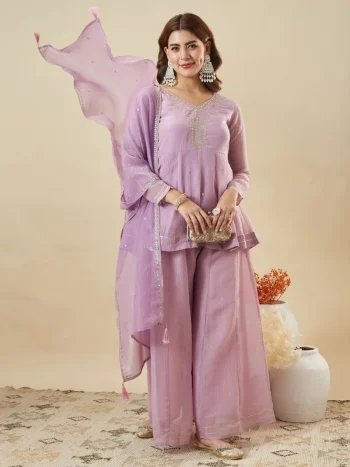 RICH LOOK CRUNCHY SILK EMBROIDERY  SEQUENCE WORK TOP PALAZZO WITH DUPATTA LAVENDER
