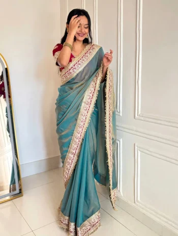 RICH LOOK FENDY LACE WORK SAREE WITH UNSTITCHED BLOUSE RAMA