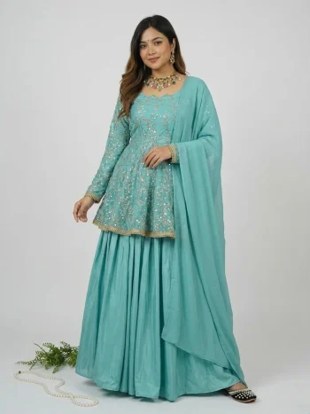 RICH LOOK FENDY SILK EMBROIDERY 5 MM SEQUENCE WORK KEDIYA STYLE TOP LEHENGA WITH DUPATTA RAMA