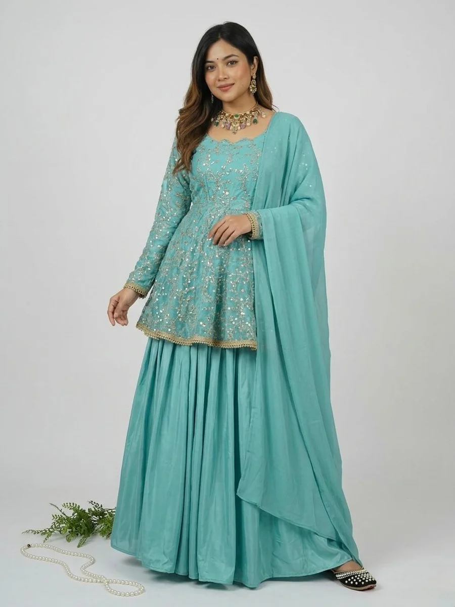 RICH LOOK FENDY SILK EMBROIDERY 5 MM SEQUENCE WORK KEDIYA STYLE TOP LEHENGA WITH DUPATTA WEDDING WEAR WHOLESALE PRICE ETHNIC GARMENT (2)