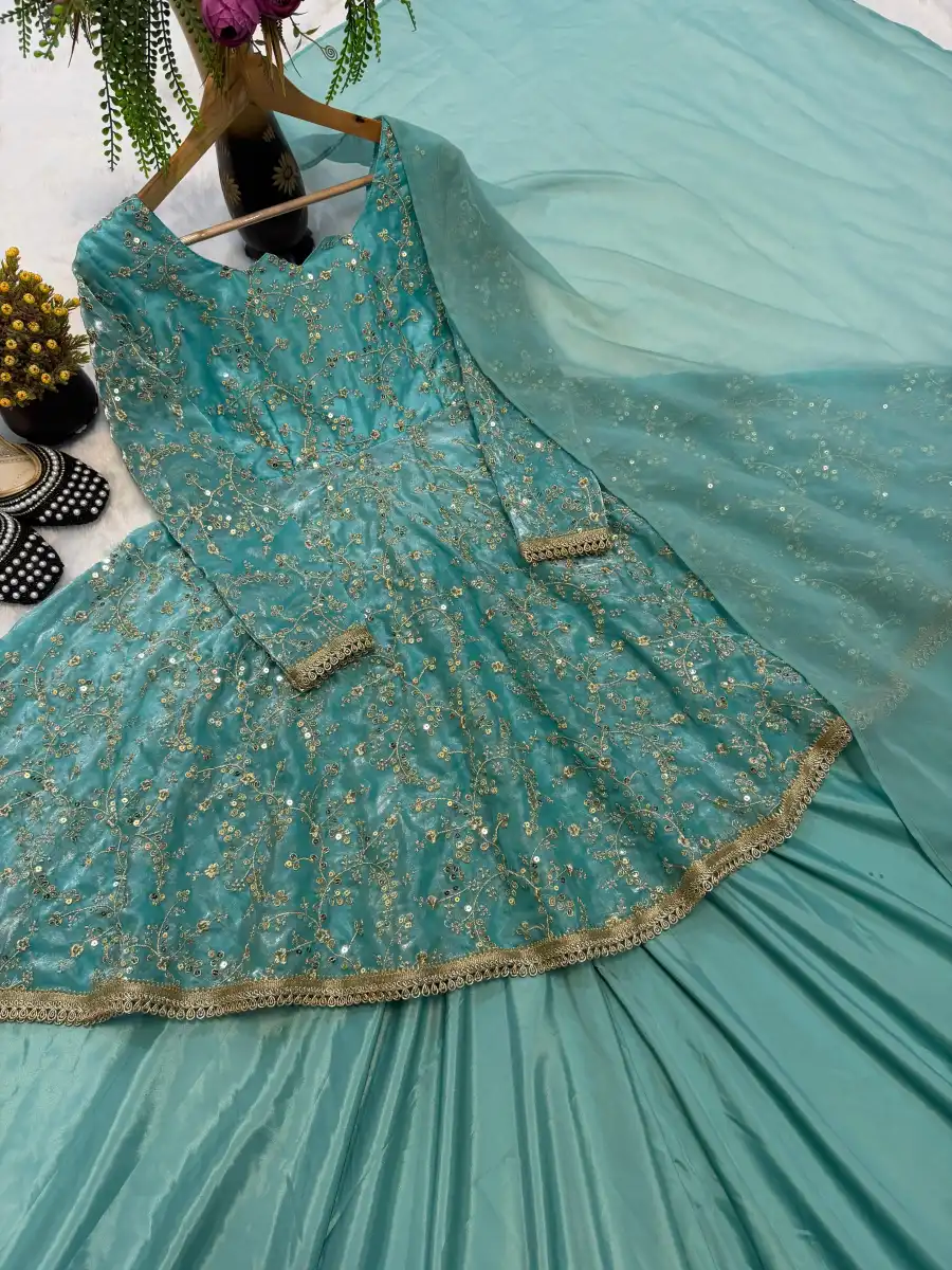 RICH LOOK FENDY SILK EMBROIDERY 5 MM SEQUENCE WORK KEDIYA STYLE TOP LEHENGA WITH DUPATTA WEDDING WEAR WHOLESALE PRICE ETHNIC GARMENT (8)