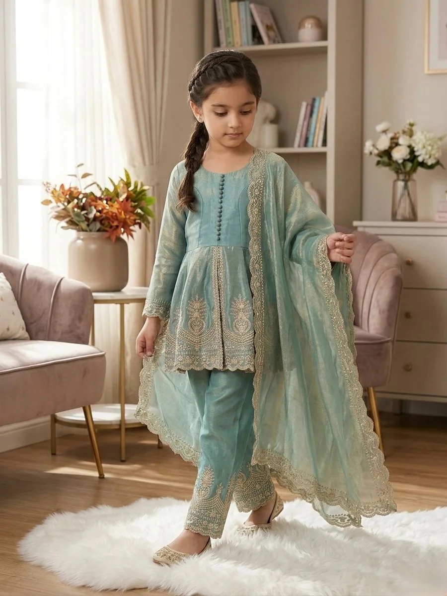 RICH LOOK FENDY SILK EMBROIDERY SEQUENCE WORK KID'S TOP PALAZZO WITH DUPATTA FESTIVE WEAR WHOLESALE PRICE ETHNIC GARMENT (4)
