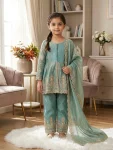 RICH LOOK FENDY SILK EMBROIDERY SEQUENCE WORK KID'S TOP PALAZZO WITH DUPATTA RAMA