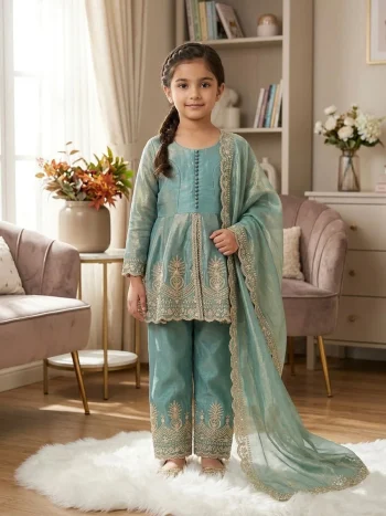 RICH LOOK FENDY SILK EMBROIDERY SEQUENCE WORK KID'S TOP PALAZZO WITH DUPATTA RAMA