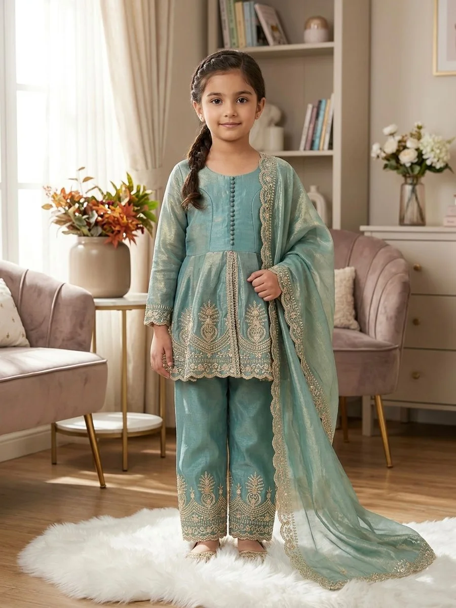 RICH LOOK FENDY SILK EMBROIDERY SEQUENCE WORK KID'S TOP PALAZZO WITH DUPATTA FESTIVE WEAR WHOLESALE PRICE ETHNIC GARMENT (5)