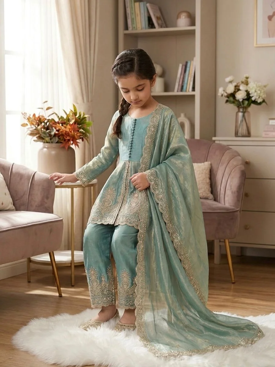RICH LOOK FENDY SILK EMBROIDERY SEQUENCE WORK KID'S TOP PALAZZO WITH DUPATTA FESTIVE WEAR WHOLESALE PRICE ETHNIC GARMENT (6)