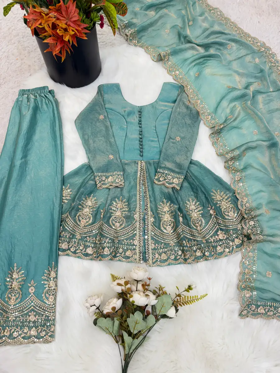 RICH LOOK FENDY SILK EMBROIDERY SEQUENCE WORK KID'S TOP PALAZZO WITH DUPATTA FESTIVE WEAR WHOLESALE PRICE ETHNIC GARMENT (7)