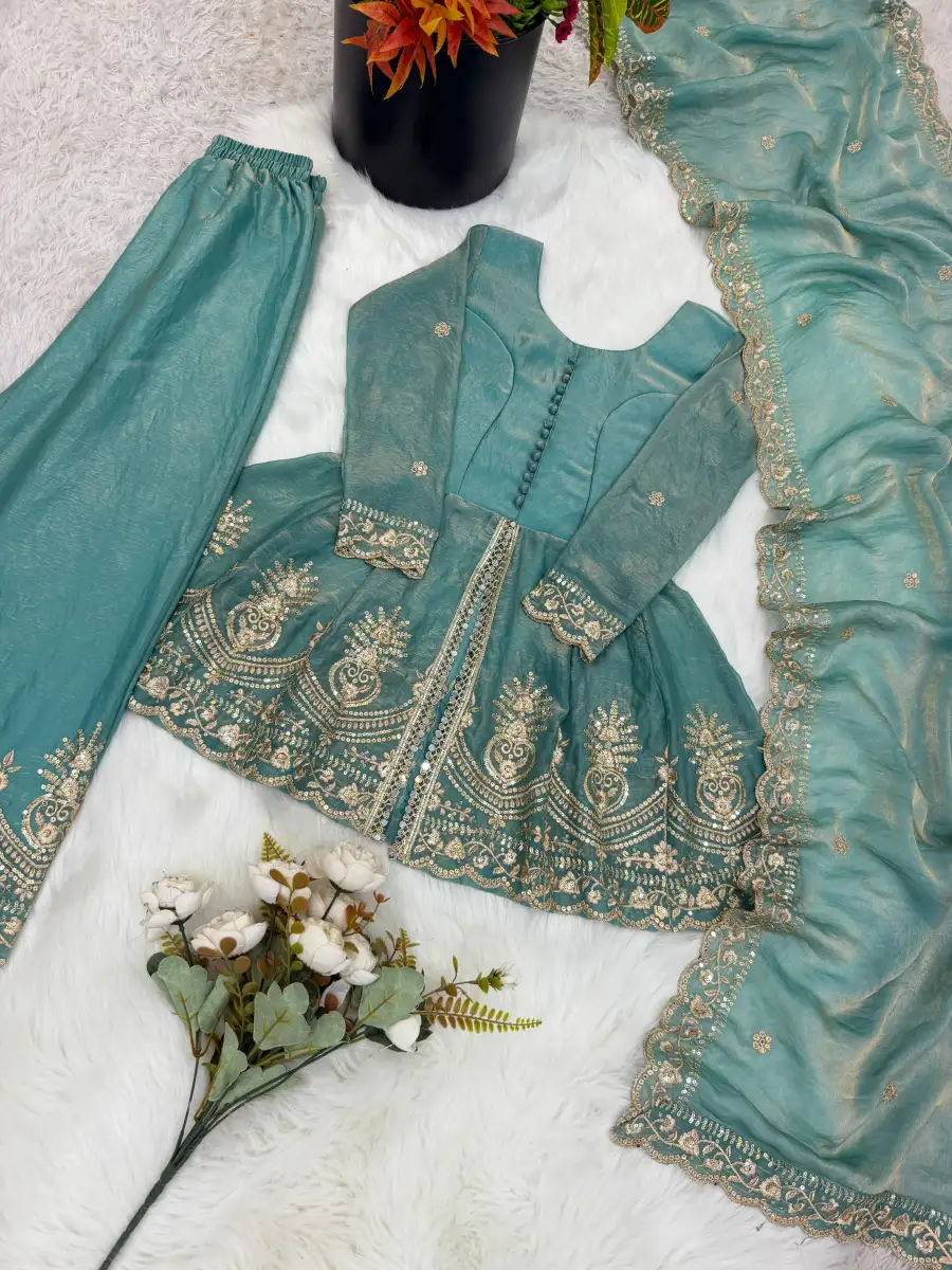 RICH LOOK FENDY SILK EMBROIDERY SEQUENCE WORK KID'S TOP PALAZZO WITH DUPATTA FESTIVE WEAR WHOLESALE PRICE ETHNIC GARMENT (8)