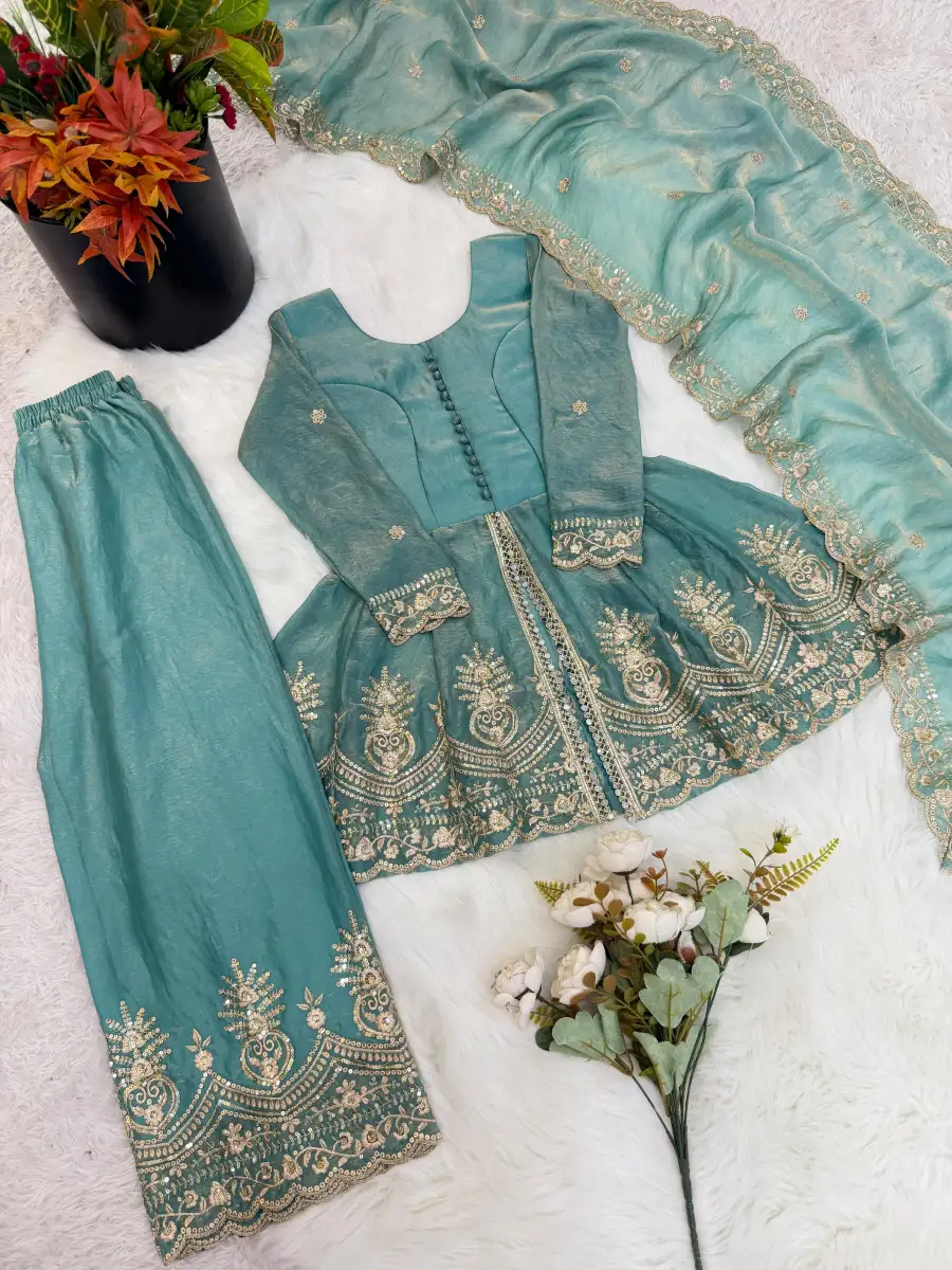 RICH LOOK FENDY SILK EMBROIDERY SEQUENCE WORK KID'S TOP PALAZZO WITH DUPATTA FESTIVE WEAR WHOLESALE PRICE ETHNIC GARMENT (9)