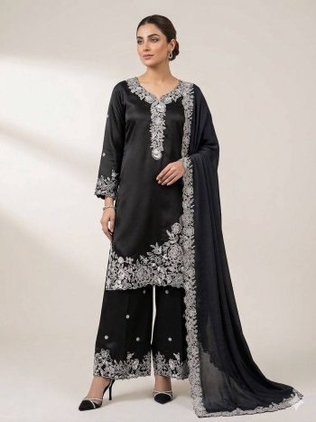 RICH LOOK FRENCH CREPE SEQUENCE EMBROIDERY WORK TOP PALAZZO WITH DUPATTA BLACK