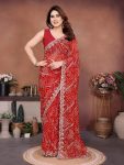 RICH LOOK GEORGETTE BANDHEJ PRINT & EMBROIDERY WITH CUTWORK BORDER SAREE WITH UNSTITCHED BLOUSE RED