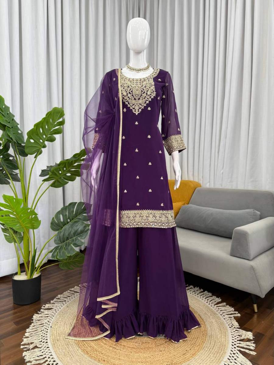 RICH LOOK GEORGETTE CODING WITH SEQUENCE WORK TOP PALAZZO WITH DUPATTA FESTIVE WEAR WHOLESALE PRICE ETHNIC GARMENT (7)