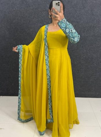 RICH LOOK GEORGETTE DIGITAL PRINT WORK  GOWN WITH DUPATTA YELLOW