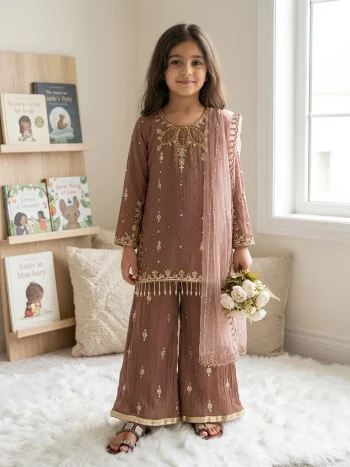 RICH LOOK GEORGETTE EMBROIDERY SEQUENCE WORK  KID'S TOP PALAZZO WITH DUPATTA CHIKU