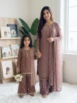RICH LOOK GEORGETTE EMBROIDERY SEQUENCE WORK MOTHER DAUGHTER SET CHIKU