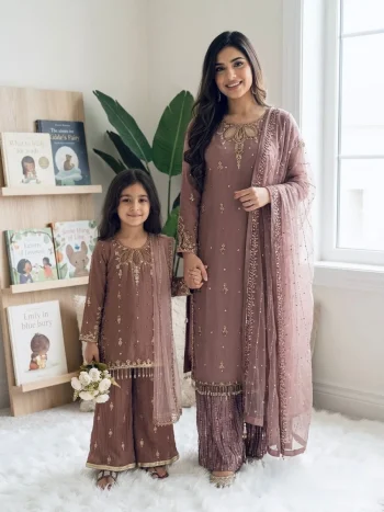 RICH LOOK GEORGETTE EMBROIDERY SEQUENCE WORK MOTHER DAUGHTER SET CHIKU