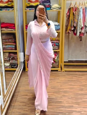 RICH LOOK GEORGETTE EMBROIDERY  WORK READY TO WEAR SAREE WITH STITCHED BLOUSE BABY PINK