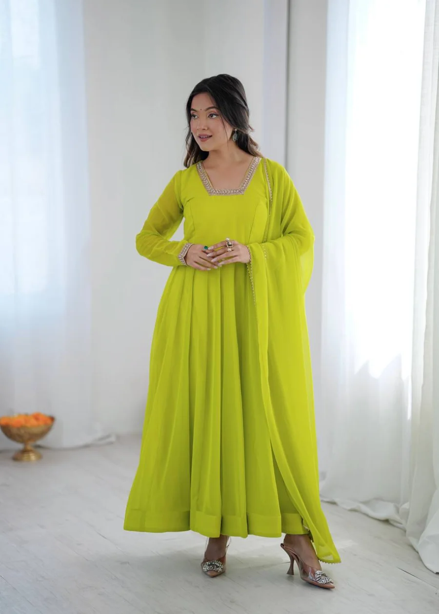 RICH LOOK GEORGETTE FANCY LACE WORK ON SLEEVE GOWN BOTTOM WITH DUPATTA FESTIVE WEAR WHOLESALE PRICE ETHNIC GARMENT (16)