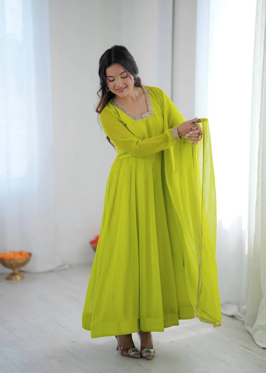 RICH LOOK GEORGETTE FANCY LACE WORK ON SLEEVE GOWN BOTTOM WITH DUPATTA FESTIVE WEAR WHOLESALE PRICE ETHNIC GARMENT (17)