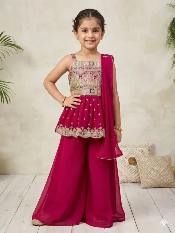 RICH LOOK GEORGETTE SEQUENCE  EMBROIDERED WORK KID'S TOP PALAZZO WITH DUPATTA MAROON