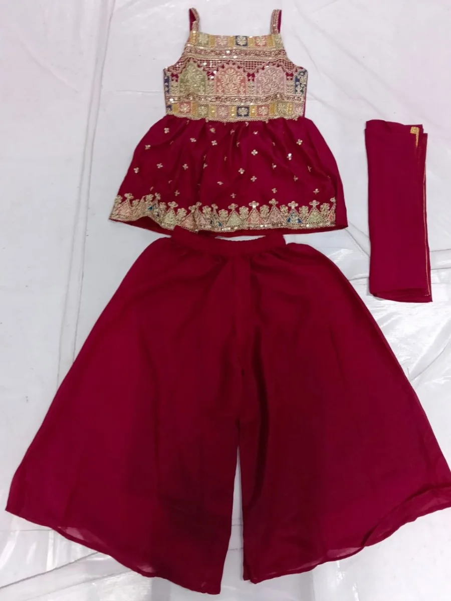 RICH LOOK GEORGETTE SEQUENCE EMBROIDERED WORK KID'S TOP PALAZZO WITH DUPATTA FESTIVE WEAR WHOLESALE PRICE ETHNIC GARMENT (3)