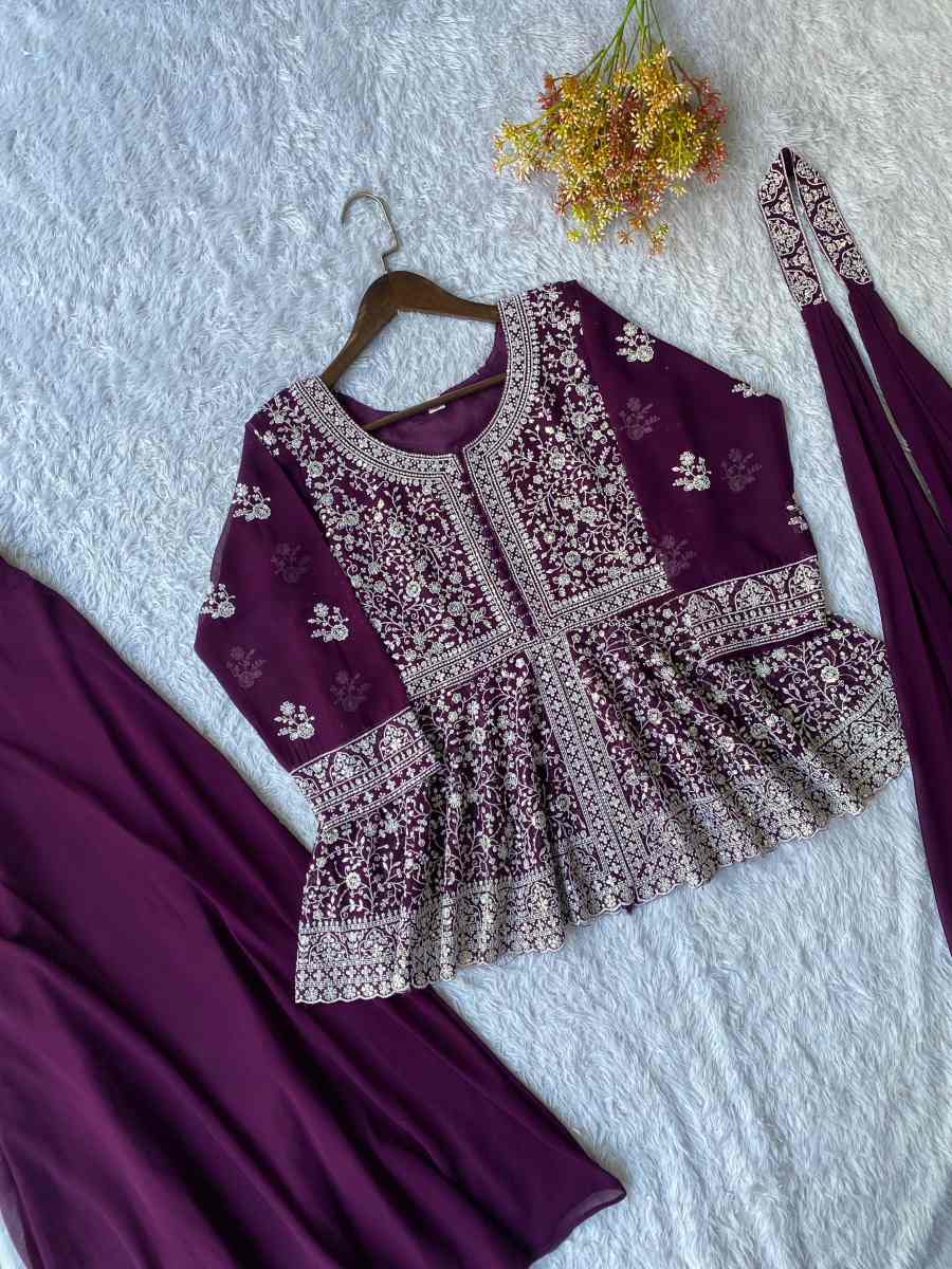 RICH LOOK GEORGETTE SEQUENCE EMBROIDERY WORK TOP PALAZZO WITH DUPATTA FESTIVE WEAR WHOLESALE PRICE ETHNIC GARMENT(15)