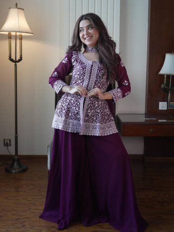 RICH LOOK GEORGETTE SEQUENCE EMBROIDERY WORK TOP PALAZZO WITH DUPATTA PURPLE