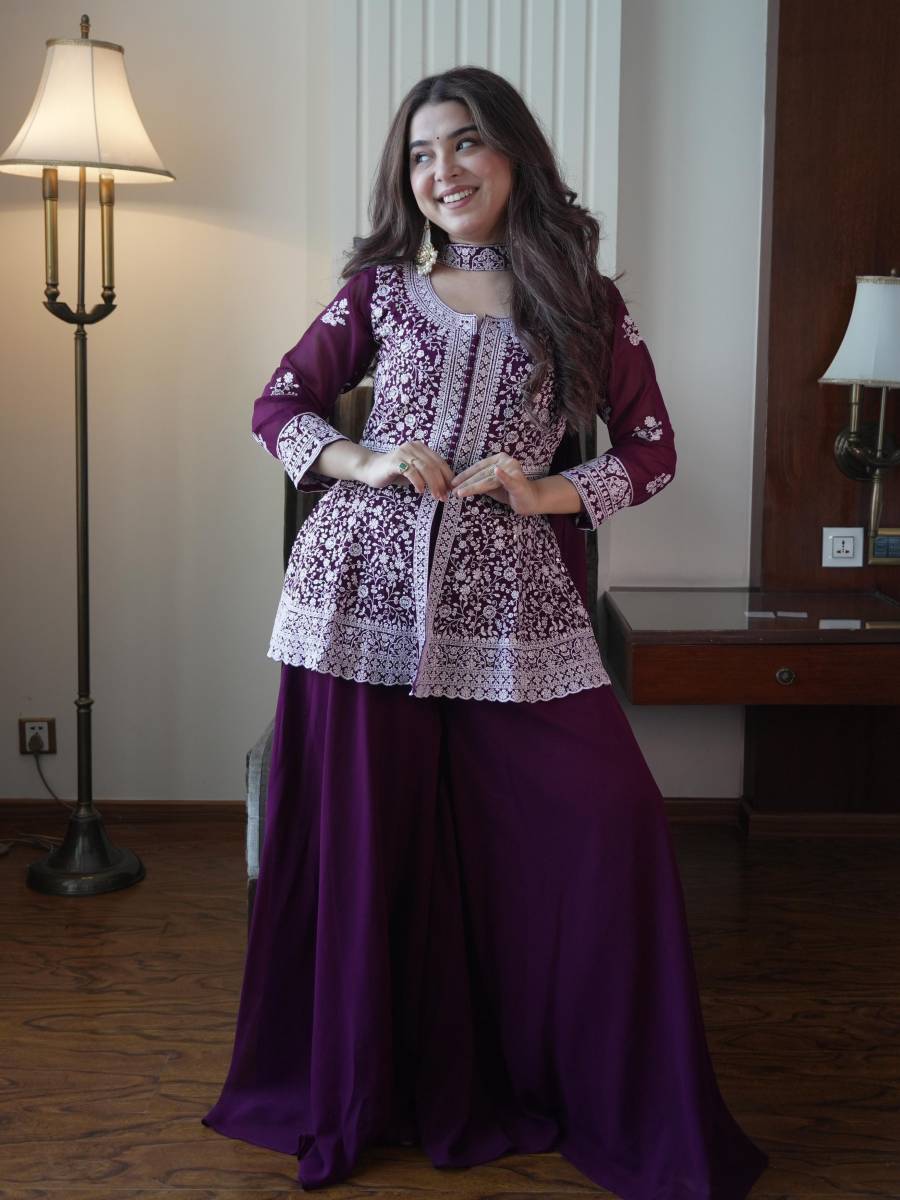 RICH LOOK GEORGETTE SEQUENCE EMBROIDERY WORK TOP PALAZZO WITH DUPATTA FESTIVE WEAR WHOLESALE PRICE ETHNIC GARMENT(20)