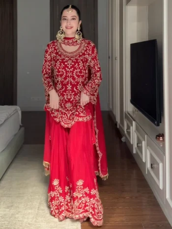 RICH LOOK GEORGETTE THREAD WORK TOP PALAZZO WITH DUPATTA RED