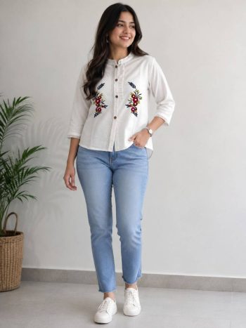 RICH LOOK KHADI COTTON HAND EMBROIDERY WORK BUTTA WORK ONLY TOP WHITE
