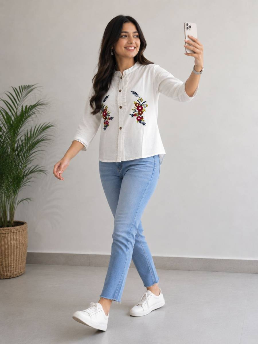 RICH LOOK KHADI COTTON HAND EMBROIDERY WORK BUTTA WORK ONLY TOP CASUAL WEAR WHOLESALE PRICE ETHNIC GARMENT (3)