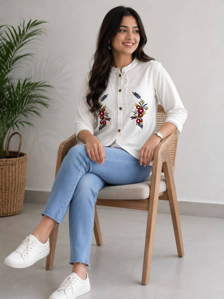 RICH LOOK KHADI COTTON HAND EMBROIDERY WORK BUTTA WORK ONLY TOP CASUAL WEAR WHOLESALE PRICE ETHNIC GARMENT (5)