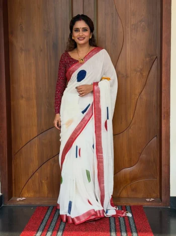 RICH LOOK LINEN COTTON SILVER PATTA WEAVING WITH DIGITAL PRINTED WORK SAREE WITH UNSTITCHED BLOUSE RED AND WHITE