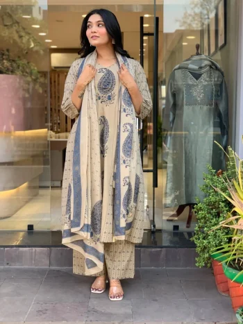 RICH LOOK MORGAN SILK DIGITAL PRINT WORK TOP BOTTOM WITH DUPATTA CREAM