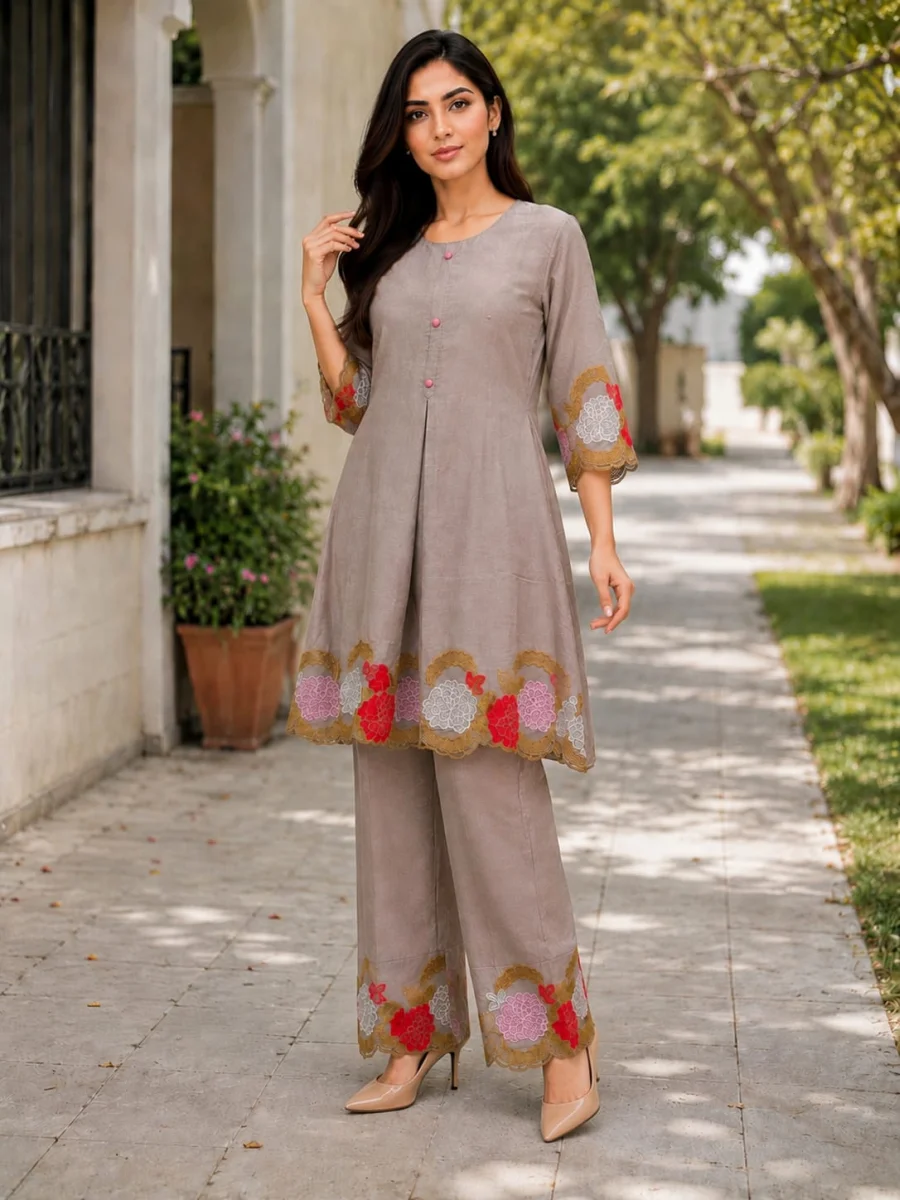 RICH LOOK MUL CHANDERI EMBROIDERY WORK CO-ORD SET DAILY WEAR WHOLESALE PRICE ETHNIC GARMENT (3)